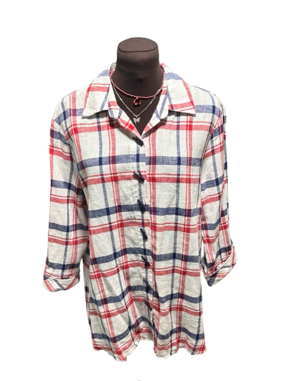 Ali Miles Women Plaid Tunic Top Linen Blend Size M Casual 3/4 Sleeve Frayed Hem